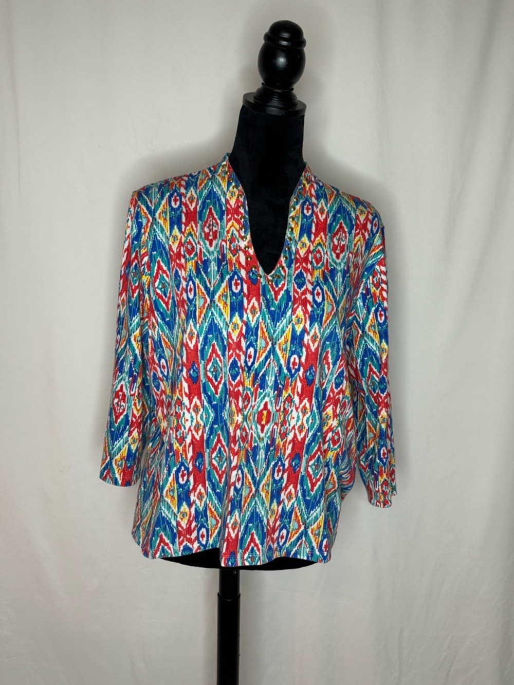 Ruby Rd. Multicolor Ikat V-Neck Tunic - Red, Blue, Yellow, White